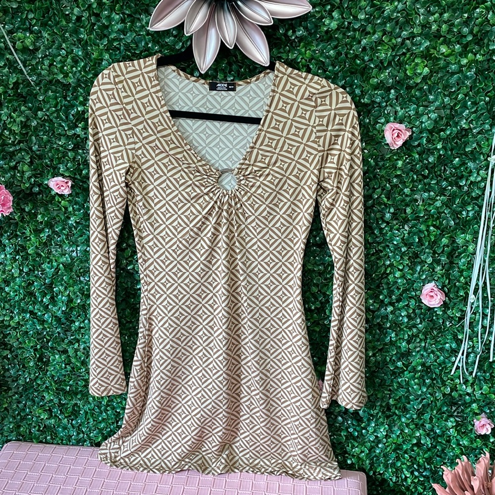 Ardene Long Sleeved Flare Dress - Retro Patterned Print (Brown/Cream) Size XS